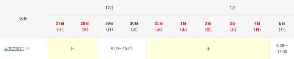 群馬銀行　年末年始　2025-2026　窓口　　営業日スケジュール