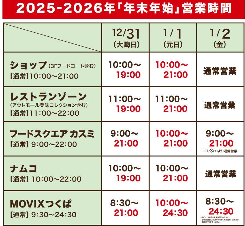 イーアスつくば　年末年始　2025-2026　営業日　営業時間