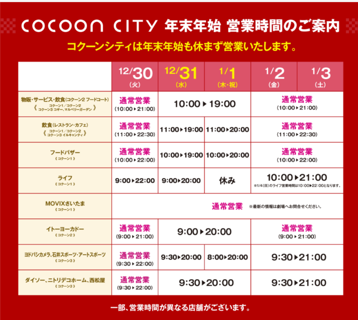 コクーンシティ　年末年始　正月　2025‐2026　営業時間　営業日１